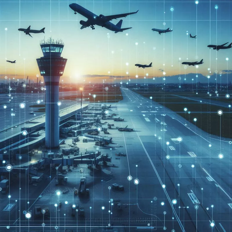 AI page Airport with flying airplanes and data points